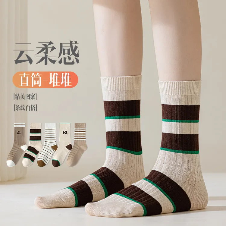 雅鹿袜子女2024夏季新款美式复古黑红条纹拼接女士中筒袜