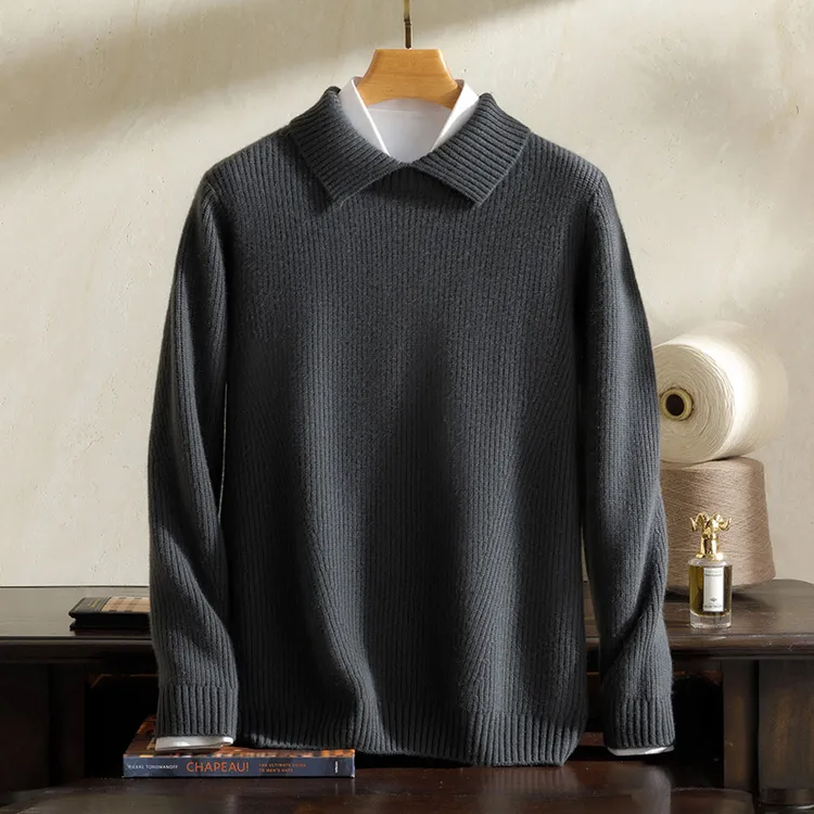 纯山羊绒男士7针加厚元宝针假两件POLO领053