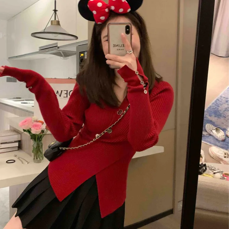 显瘦纸片人V领A4腰 修身坑条纯欲风针织毛衣交叉开叉长袖A08181