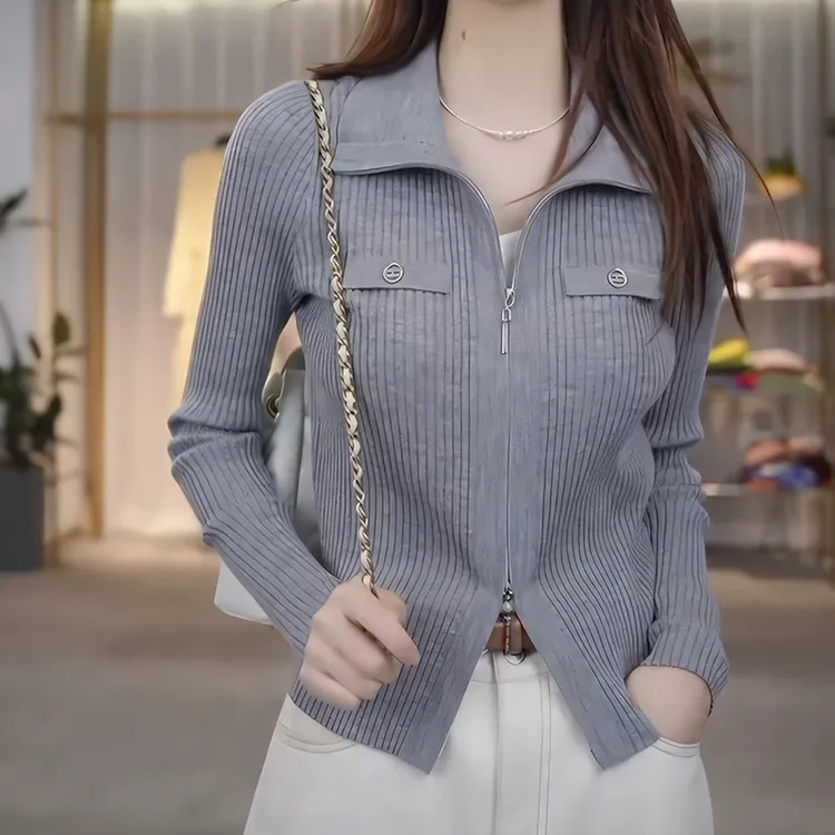 秋季优雅气质风双头拉链翻领条纹修身竖坑条立领针织开衫女B1181