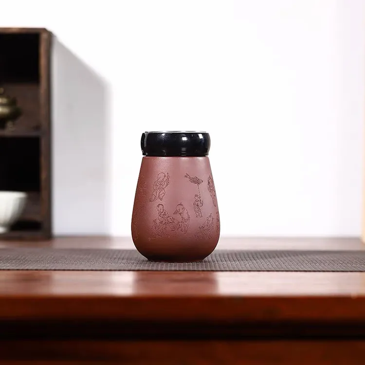 宜兴紫砂杯紫泥手工雕刻紫砂暖手杯茶杯茶具办公杯精品百子杯特