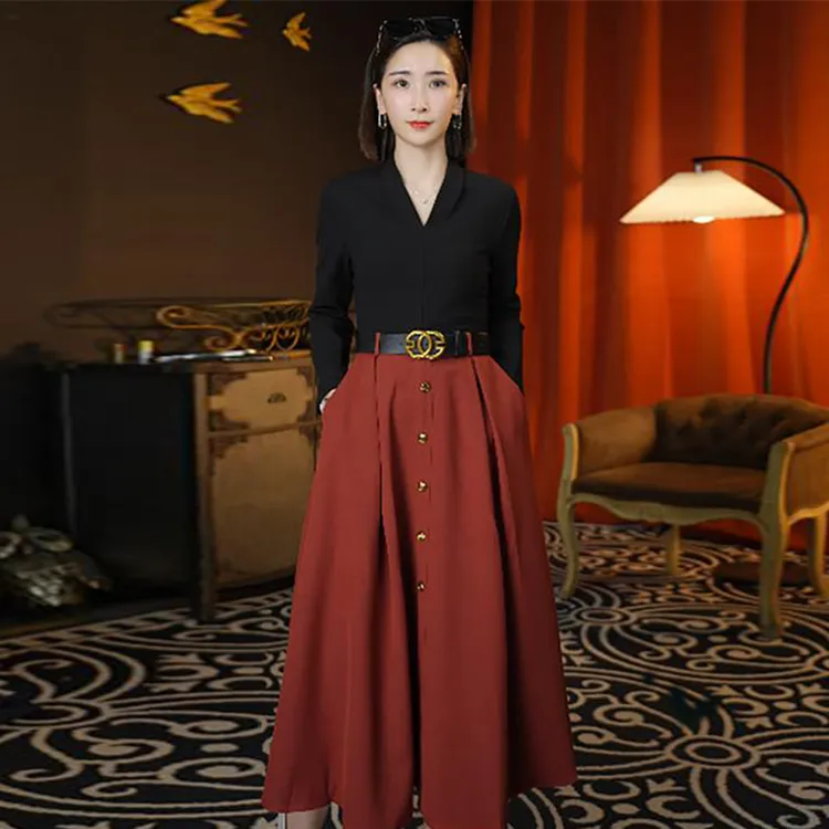 2025新款秋季女装连衣裙收腰褶皱裙子显瘦气质时尚长裙子2086