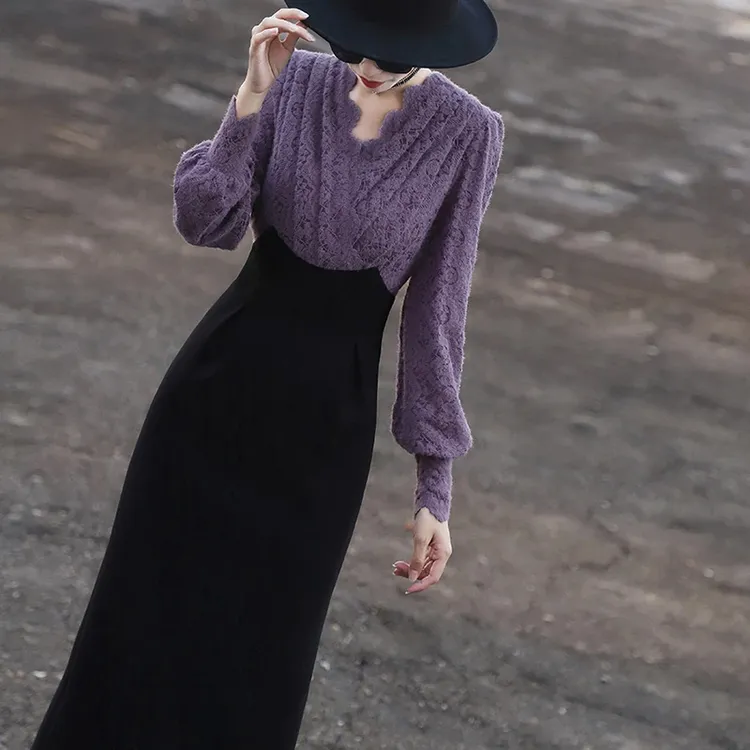 2025名媛显瘦假两件裙子蕾丝包臀女装时尚连衣裙2661