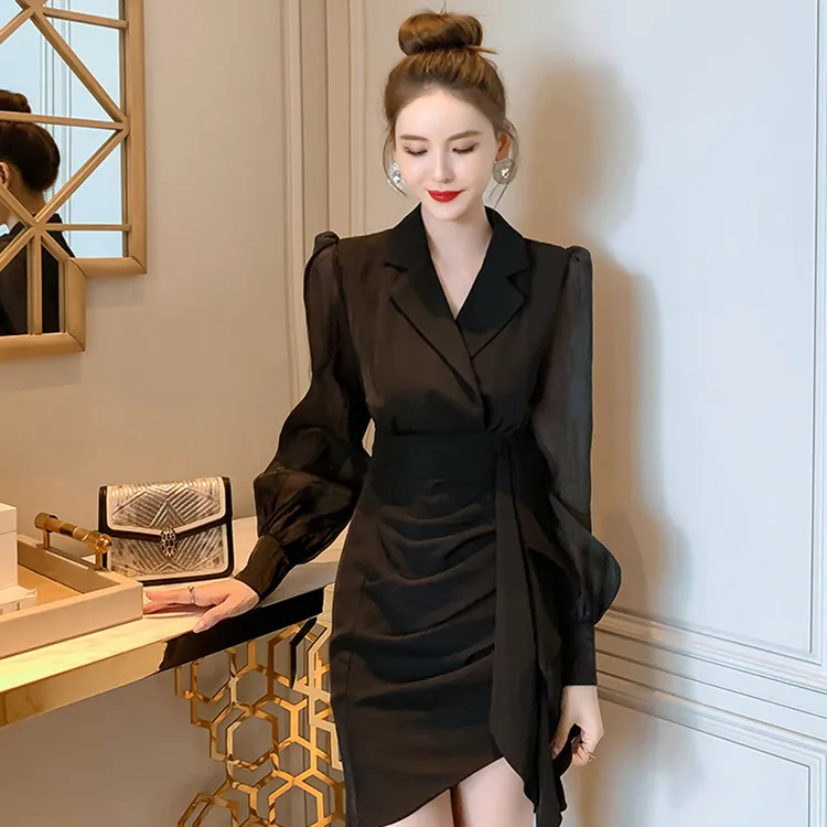 法式收腰西装领包臀短裙通勤长袖轻奢高腰修身显瘦连衣裙A8115