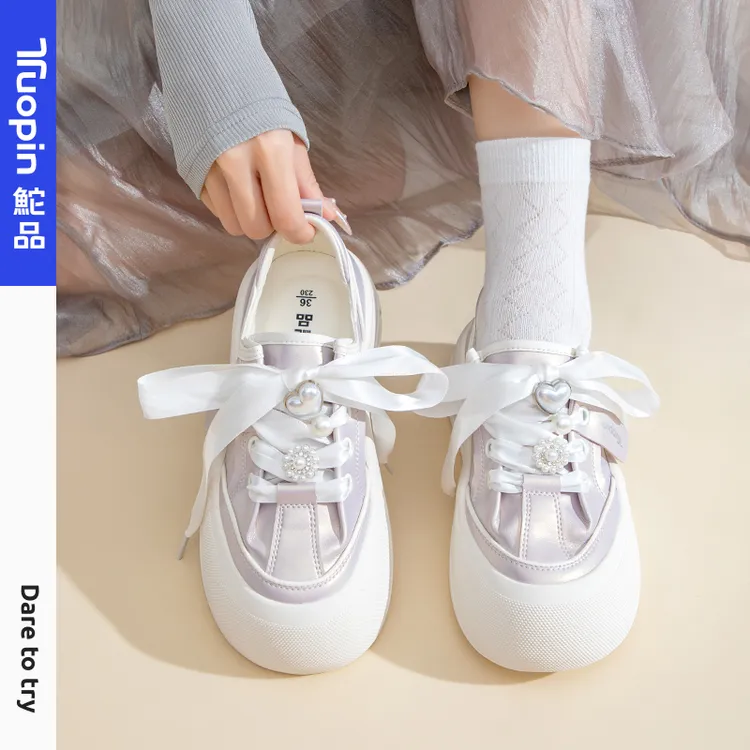 鮀品缎面小白鞋女2025新款夏季厚底增高丑萌大头鞋休闲松糕鞋