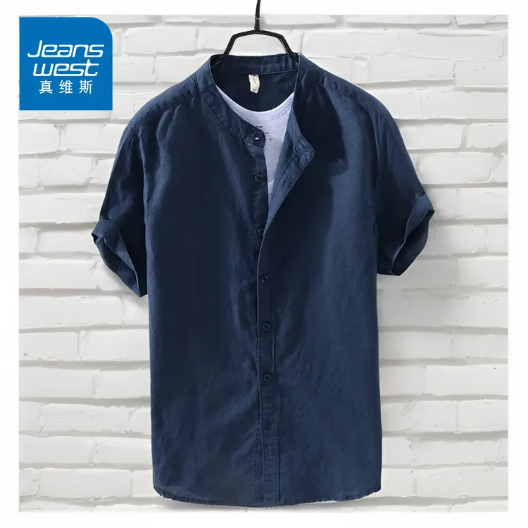 真维斯夏季薄款日系棉麻短袖衬衫男士休闲简约高级感外搭上衣男款