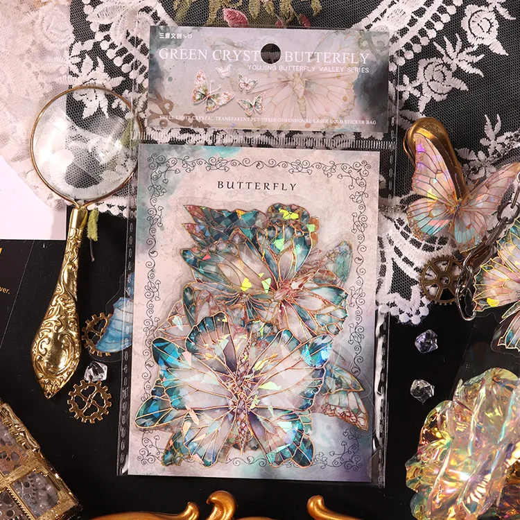 贝壳光烫金蝴蝶贴纸包双特材三渡爆款手帐素材手账流麻咕卡复古贴