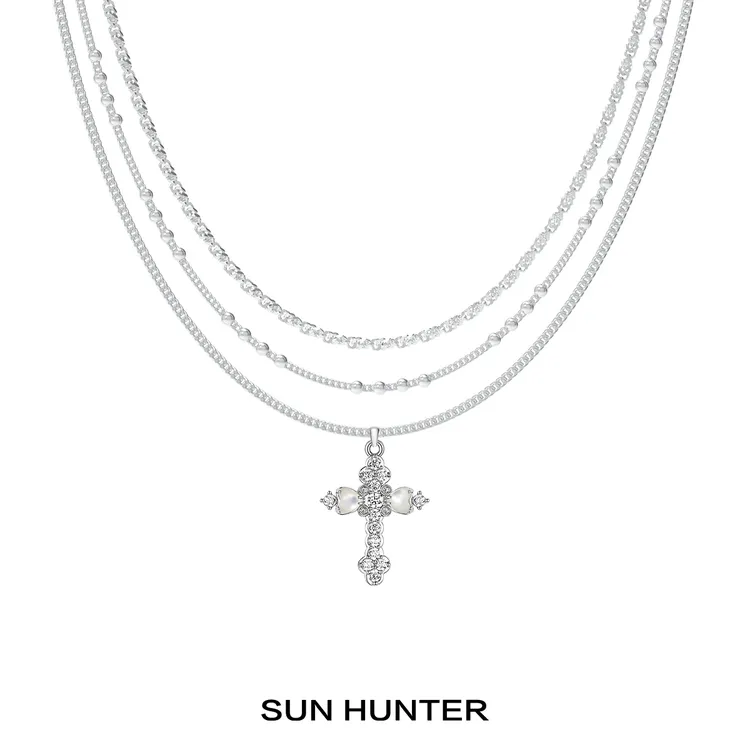 铜合金项链 三横SUN HUNTER原创三层花瓣十字架素链小众