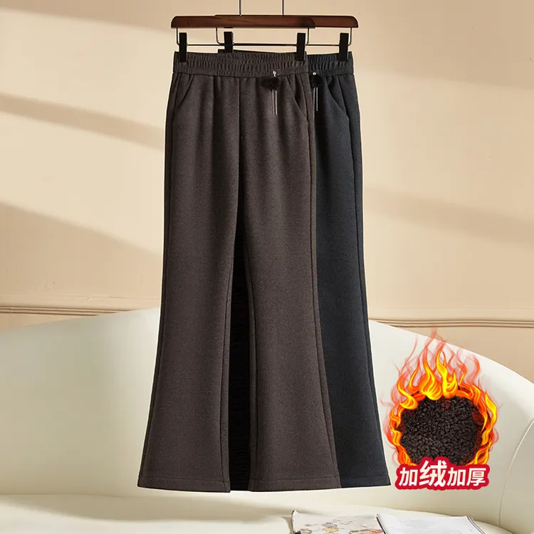毛呢微喇裤女2024秋冬季新款松紧高腰加绒加厚休闲阔腿喇叭裤子