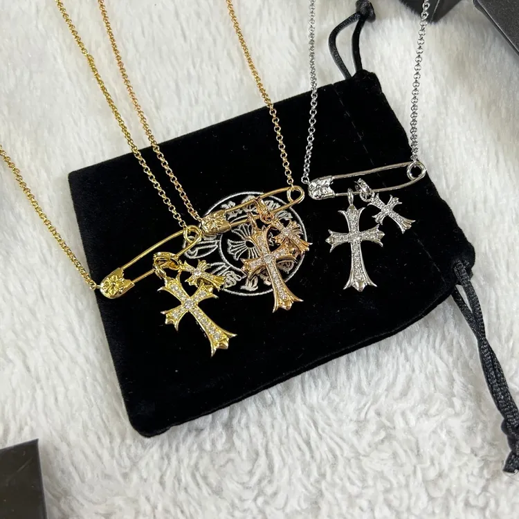 坠链均925银 925银项链双十字架百搭别针白钻轻奢项链男时尚