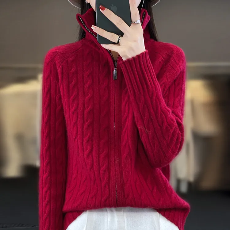 100纯羊毛衫女秋冬新款百搭宽松加厚拉链针织开衫外套羊绒衫毛衣
