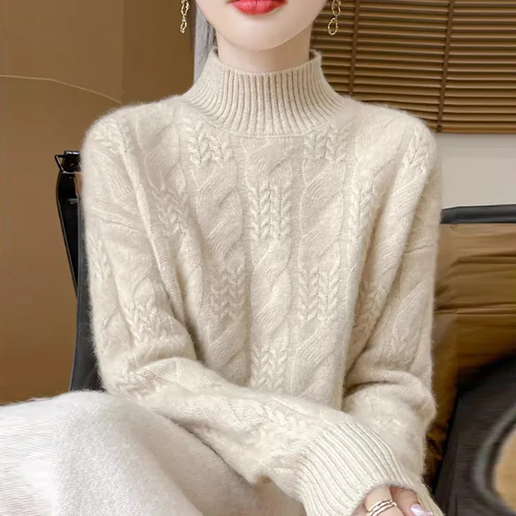 100纯羊绒衫女士秋冬新款半高领百搭加厚针织毛衣宽松羊毛打底衫