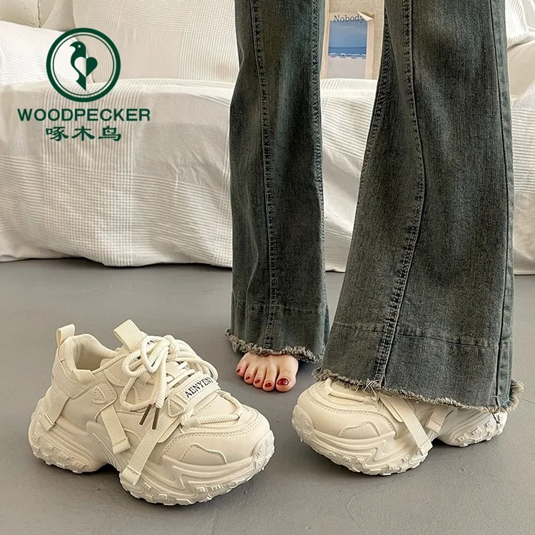 啄木鸟爆款百搭厚底老爹鞋女小个子增高2025款春秋白色休闲运动鞋