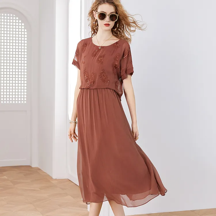 E9658秋季新款刺绣真丝裙恩纳斯洋气连衣裙女