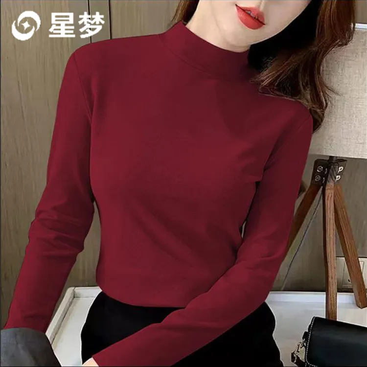 中老年妈妈简约纯色上衣打底衫时尚百搭内发热保暖半高领打底衫女