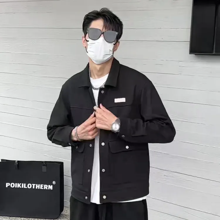 秋季男士黑色简单素板翻领夹克百搭休闲时尚潮流韩版简约帅气外套