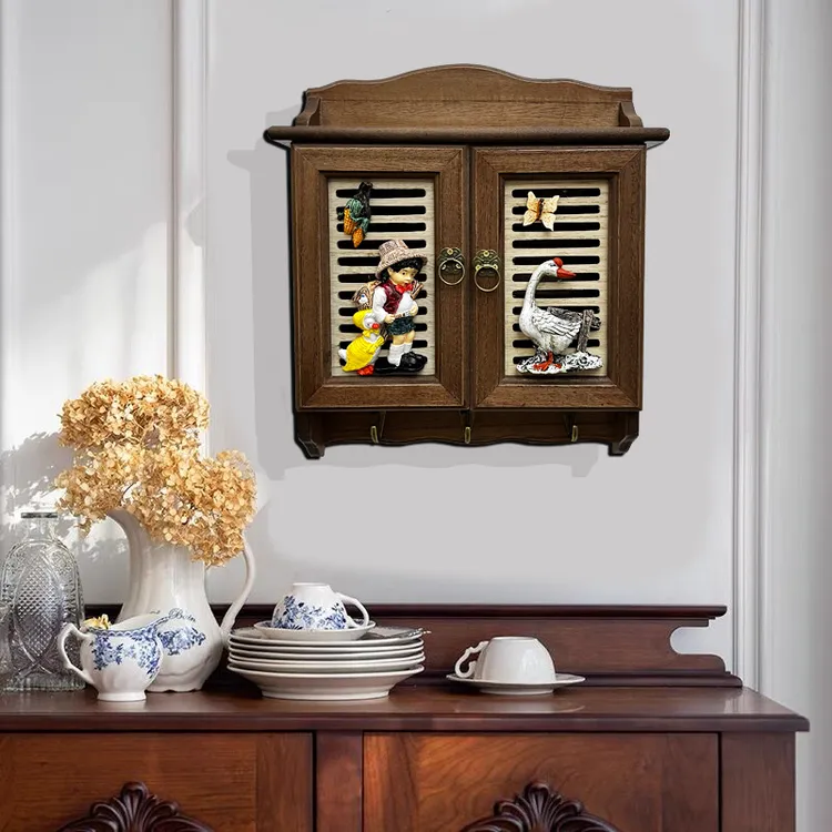 欧式复古简约玄关木制钥匙挂壁挂式钥匙箱挂柜墙上置物架家居创意