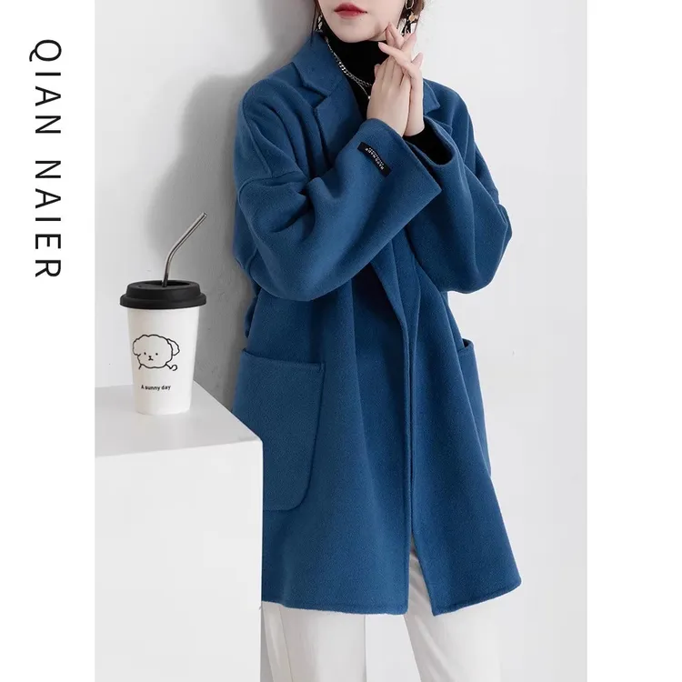 宽松双面呢100%澳毛呢外套女系带收腰双面羊毛羊绒大衣呢子外套