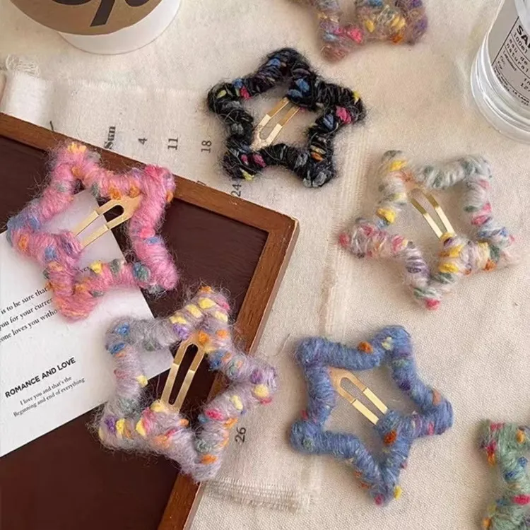限定浪漫~手工五角星毛线碎发夹头饰秋冬前额刘海夹侧边bb发卡ins