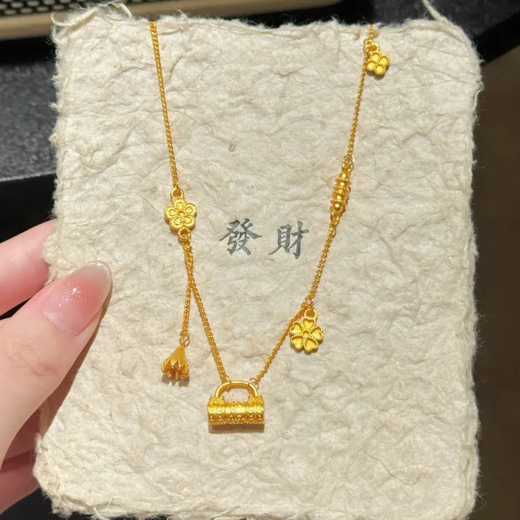 铜合金项链 新中式繁花平安锁项链轻奢气质高级感复古锁骨链