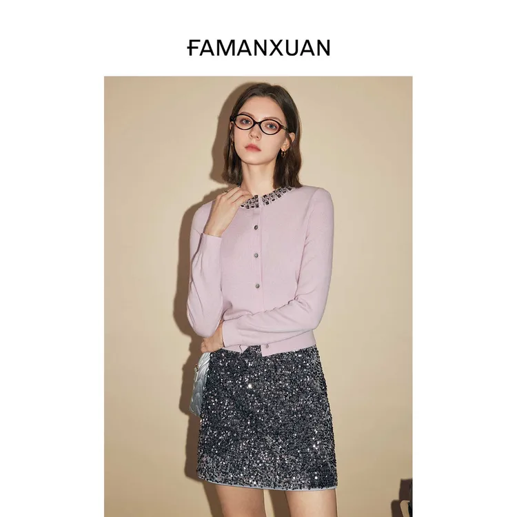 【法曼萱FMX】格雷钉珠灰色羊毛针织开衫女秋季通勤感小香风上衣