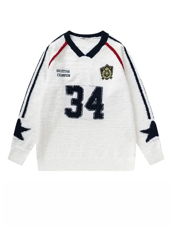 新款美式复古机车风潮牌针织衫男女休闲撞色高街情侣V领毛衣百搭