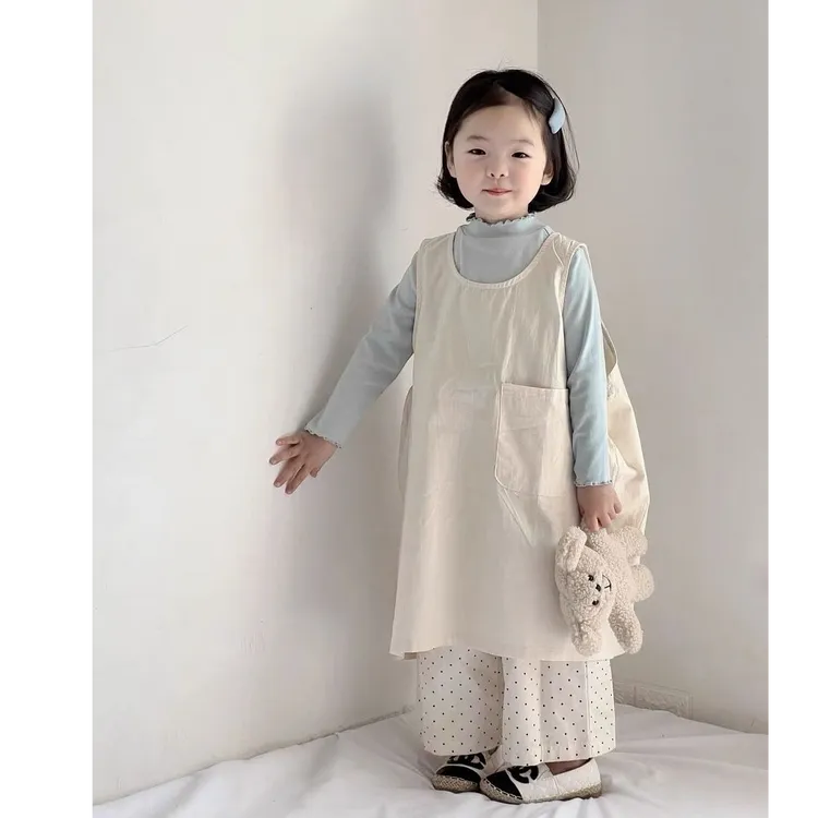 【三件套】连衣裙春秋新款女宝韩版简约纯色打底衫背心裙波点裤套装