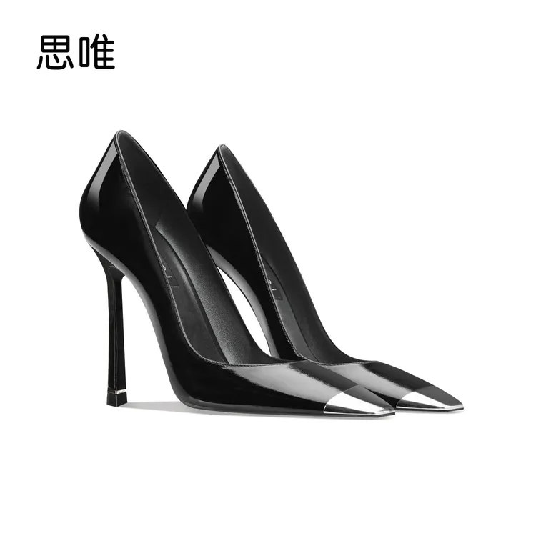 思唯黑色漆皮铁头方头高跟鞋女2025年新款细跟百搭性感复古风单鞋