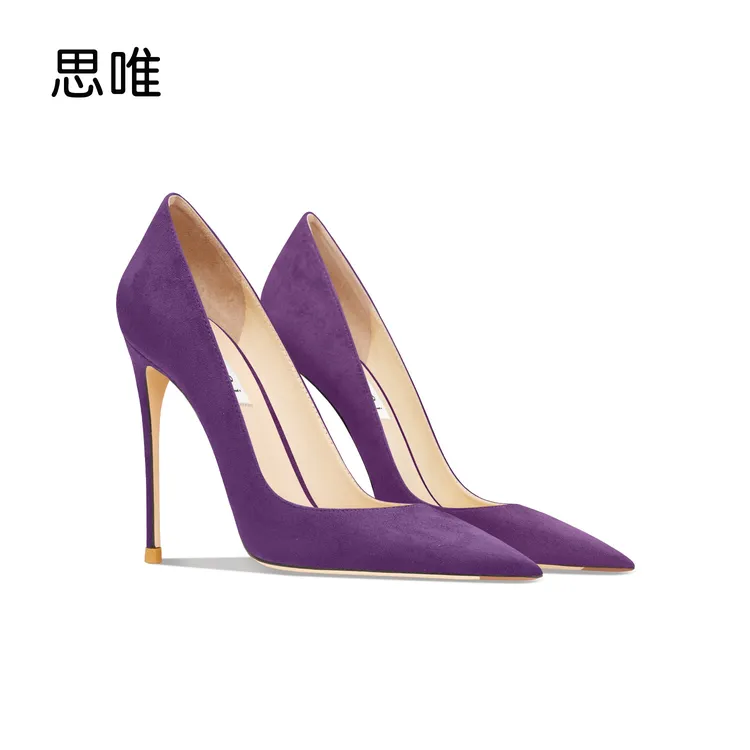 思唯紫色绒面高跟鞋女细跟浅口2025年新款气质百搭休闲通勤OL单鞋