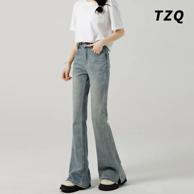 浅蓝色微喇牛仔裤女爆款2024春秋新款高腰马蹄喇叭裤子TZQ112149