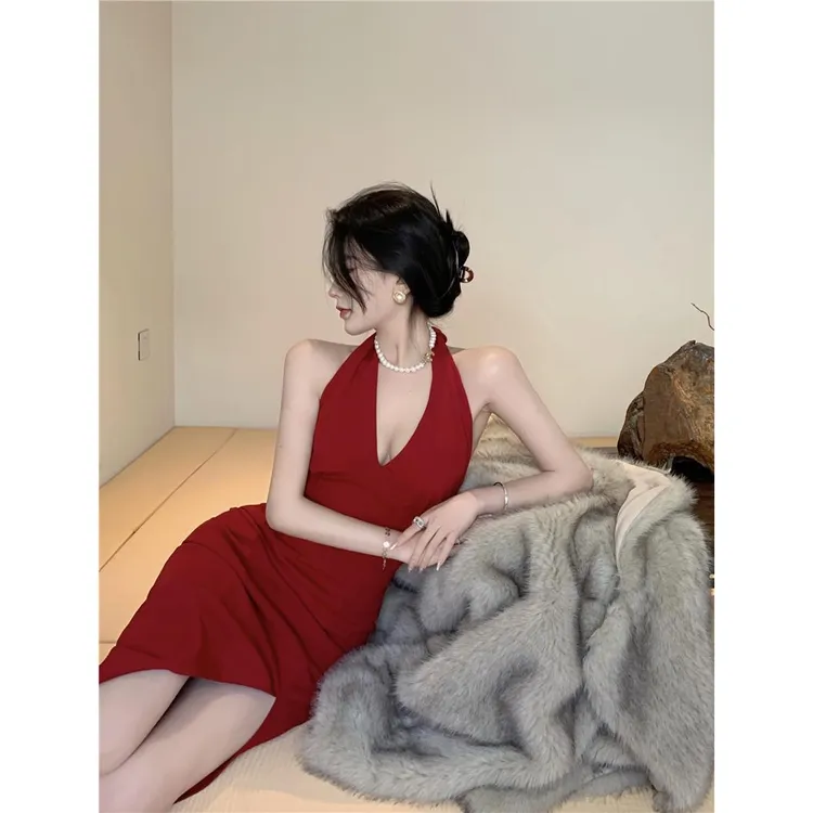 御姐名媛气质樱桃红色V领无袖收腰开叉包臀挂脖吊带连衣裙女礼服