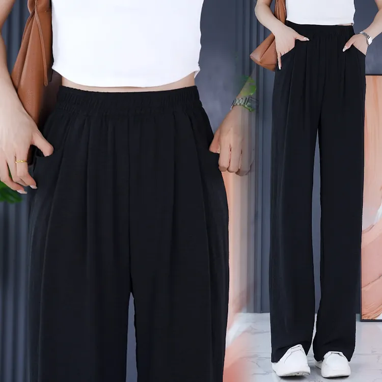 新款夏季薄款高腰显瘦双口袋设计款垂坠直筒裤