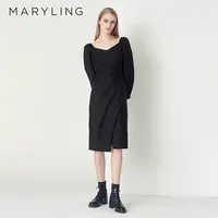 MARYLING玛俪琳秋季时尚优雅黑色V领开衩包臀连衣裙女A1CGW62420