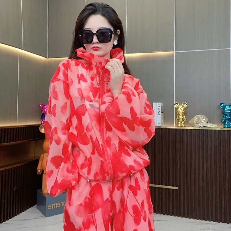 慵懒风2025夏季新款防晒衣短款大码女装上衣短裤套装时尚蝴蝶刺绣