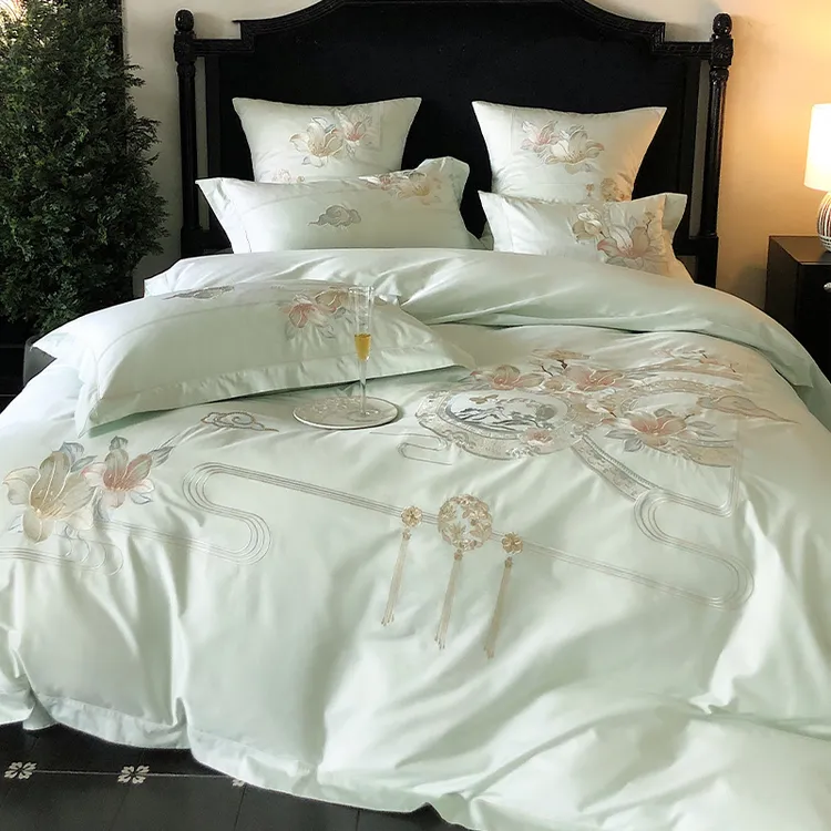 皇后娘娘  新中式长绒棉全棉四件套简约刺绣秋冬加厚纯棉床单被套