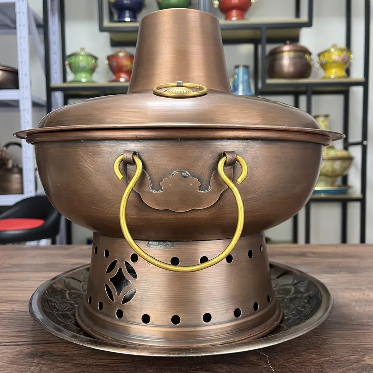 （一张打环保油）连体分体铜火锅家用商用火锅店复古加厚植物油锅