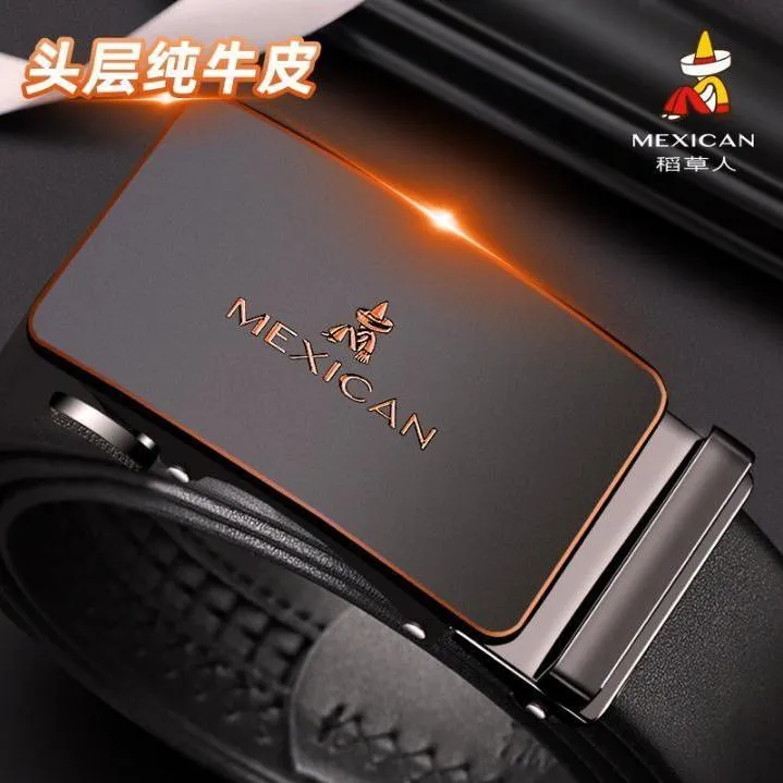 Mexican/稻草人头层皮带男真皮自动扣腰带年轻百搭休闲裤带纯牛皮