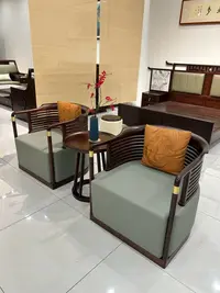 臻园家具Z-6#乌金木新中式真皮休闲椅三件套