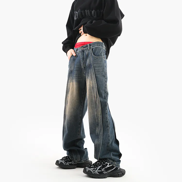 痞帅潮男裤子直筒阔腿休闲拼接大码牛仔裤cleanfit美式网红款