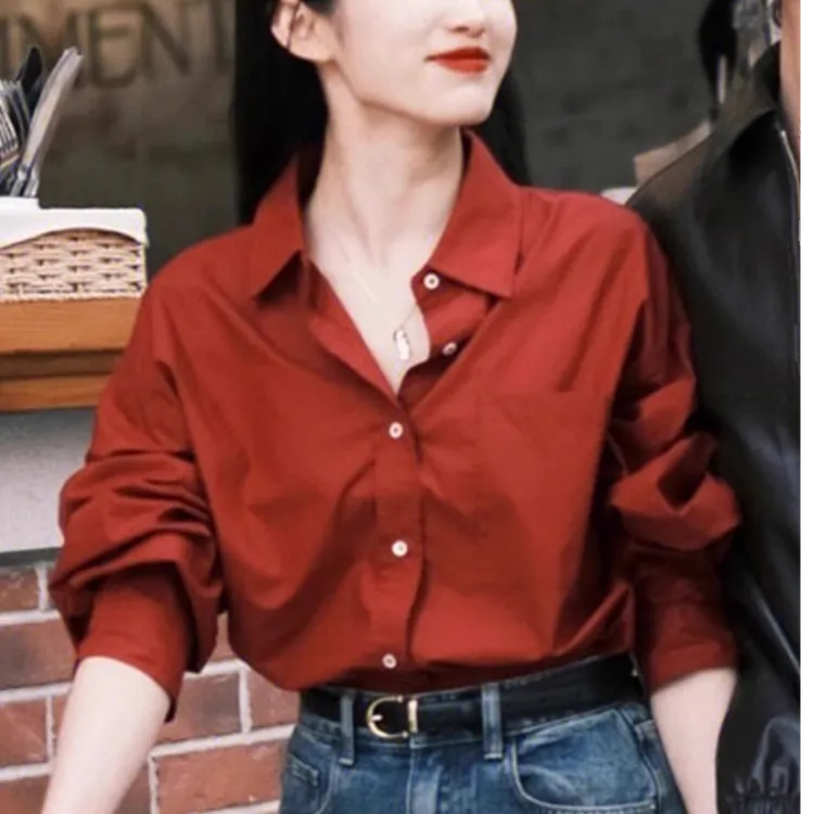 春秋新款韩版长袖衬衫女翻领宽松慵懒风口袋洋气休闲纯棉叠穿上衣