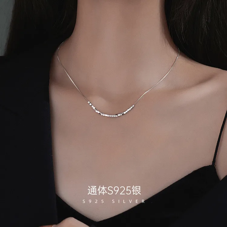 金美澳 吊坠925银 小方块碎银方糖项链2025年新款网红款锁骨链女