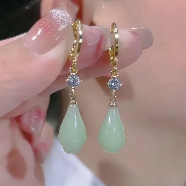 锌合金耳饰 新款古风绿色玉兰花流苏耳环2024新款潮气质优雅时尚