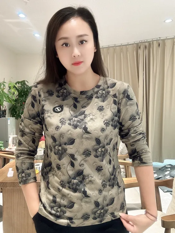 【尚品胖小妞】【圆领花体恤】2024百搭时尚秋装新款花体恤