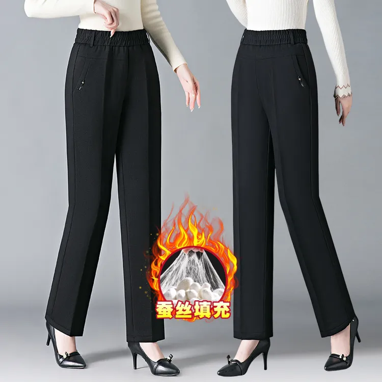秋冬桑蚕丝中老年女裤加绒加厚保暖高腰大码宽松老年人外穿休闲裤