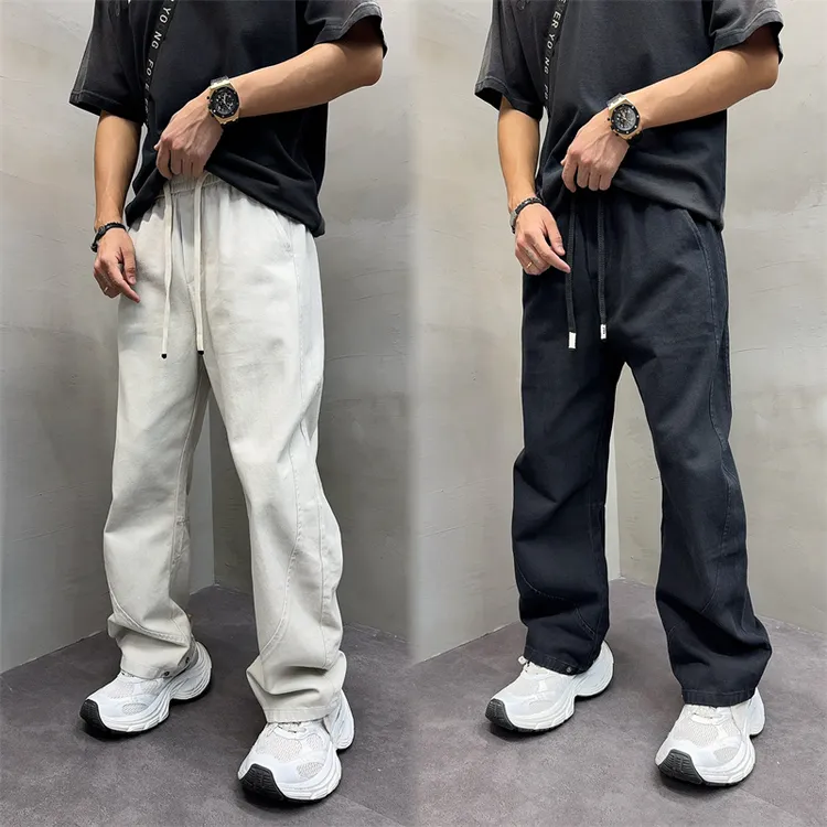 美式高街工装裤男秋冬宽松直筒牛仔裤男款美式高街白色直筒牛仔裤