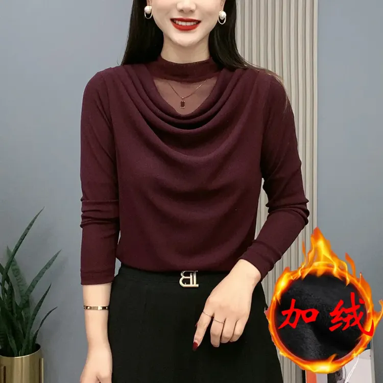 秋冬新款半高领妈妈装纯色加绒网纱长袖显瘦时尚堆堆领打底衫女装