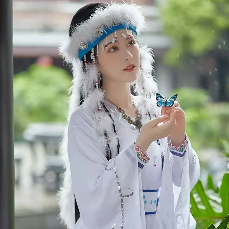 【小芳演绎用品店】古装香妃头饰含香蒙白色羽毛条水钻亮片花蝴蝶