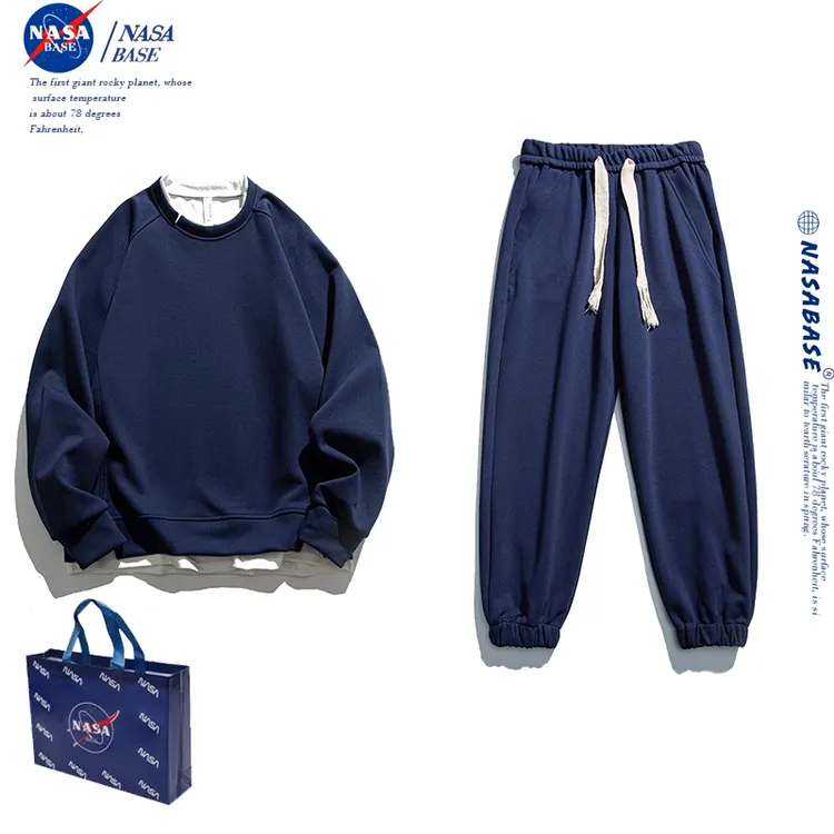 NASA联名秋季2024新款宽松卫衣灰色束脚运动裤休闲两件时尚套装男