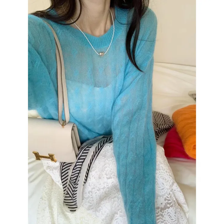 美爆了！温柔风湖水蓝毛衣女秋季韩系温柔针织衫慵懒气质上衣秋款