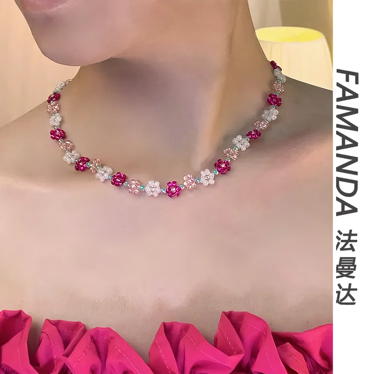 法曼达 铜合金亚克力项链 【夏日玫花】法式小众设计花朵项链锁骨链